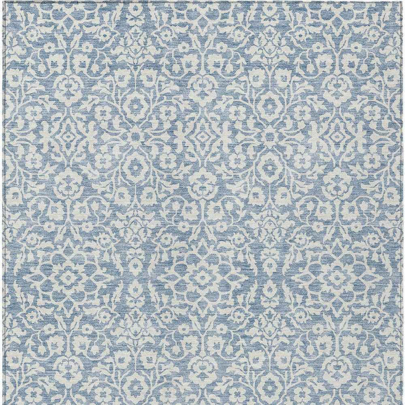 3' X 5' Denim Blue And Ivory Damask Washable Indoor Outdoor Area Rug