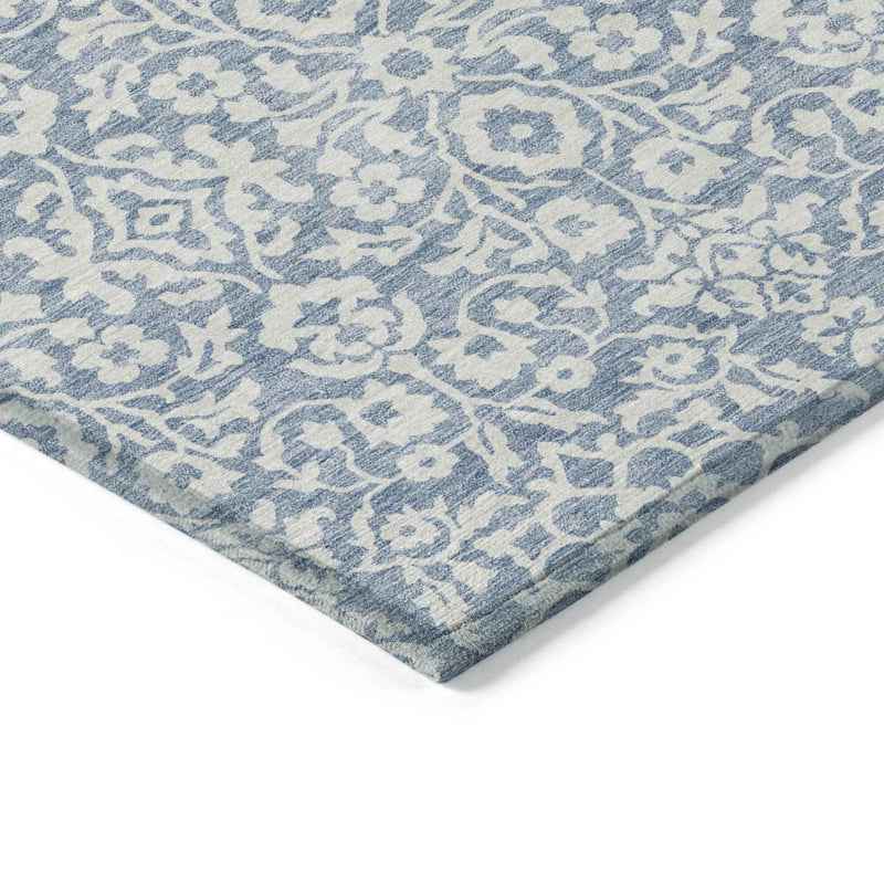 3' X 5' Denim Blue And Ivory Damask Washable Indoor Outdoor Area Rug