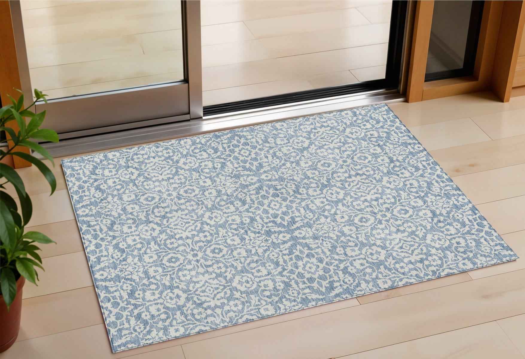 3' X 5' Denim Blue And Ivory Damask Washable Indoor Outdoor Area Rug