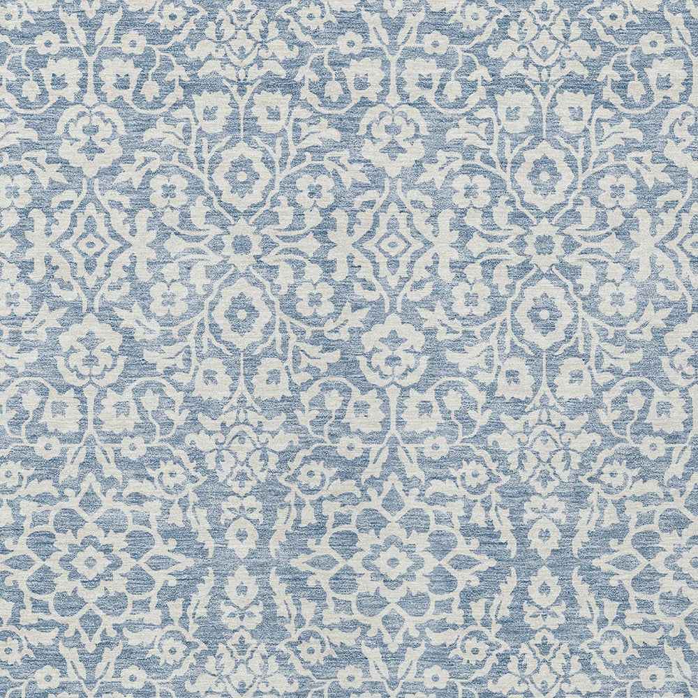 3' X 5' Denim Blue And Ivory Damask Washable Indoor Outdoor Area Rug