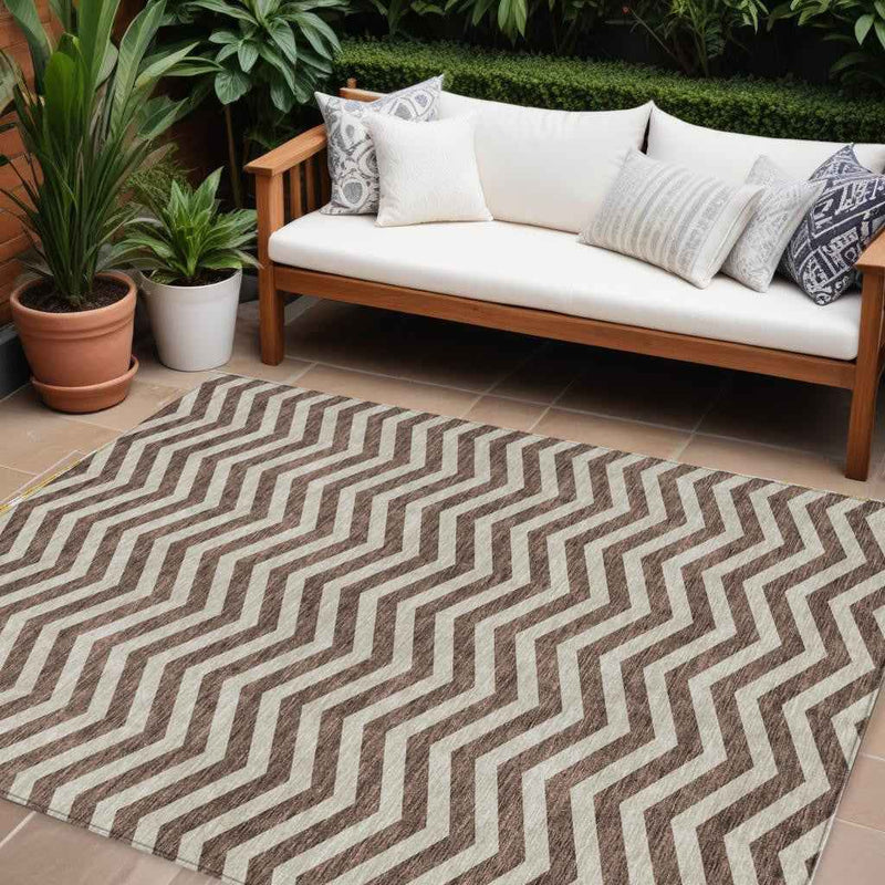 10' X 14' Brown And Beige Chevron Washable Indoor Outdoor Area Rug