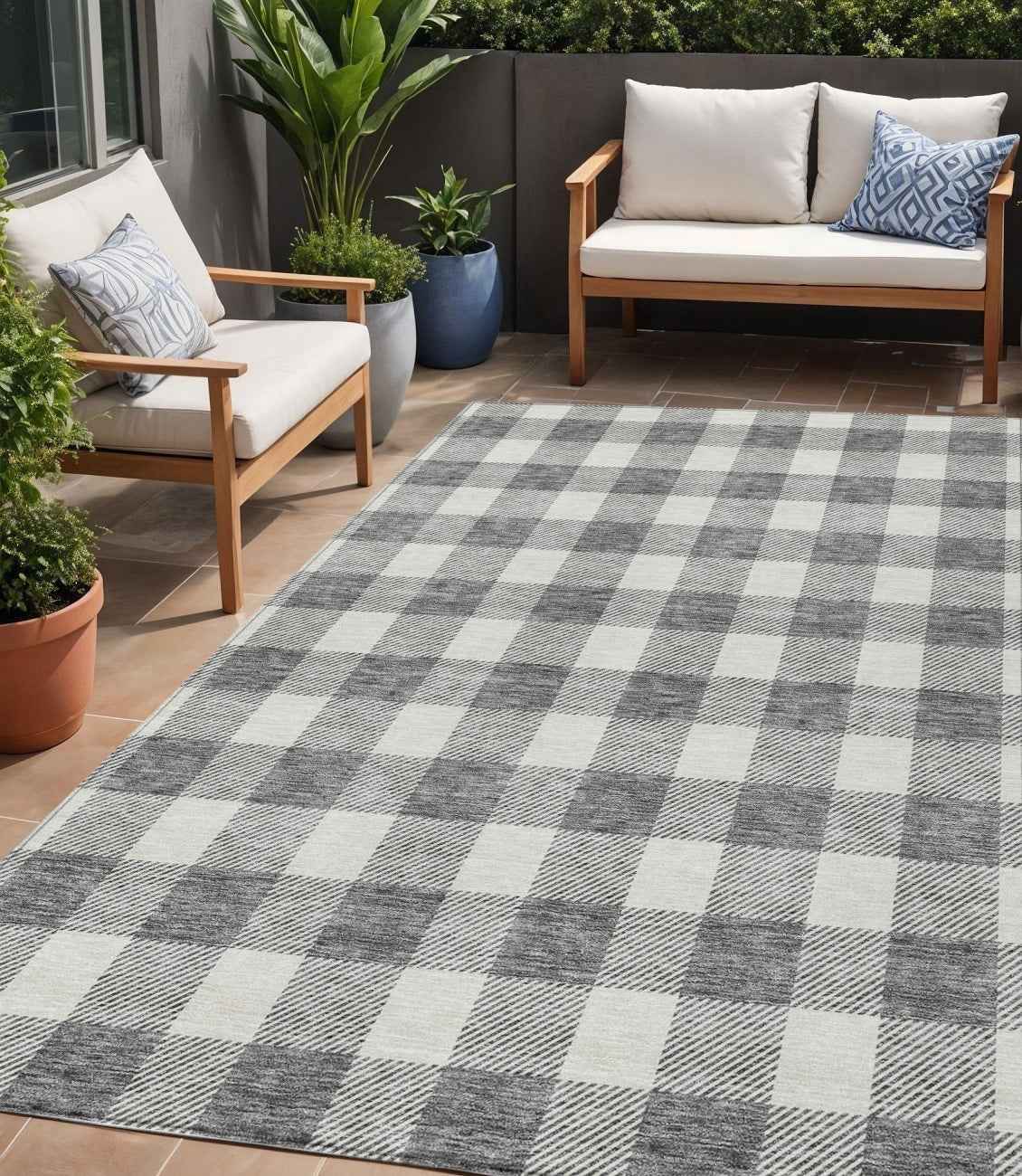 5' X 8' Gray And Charcoal Plaid Washable Indoor Outdoor Area Rug