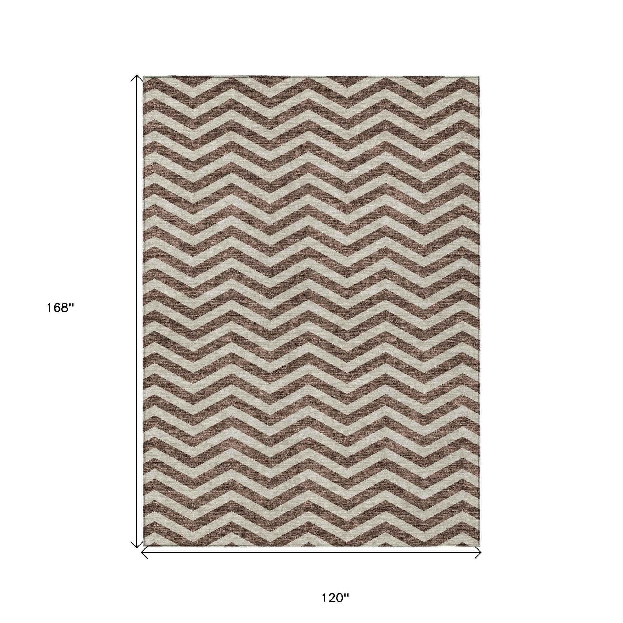 10' X 14' Brown And Beige Chevron Washable Indoor Outdoor Area Rug