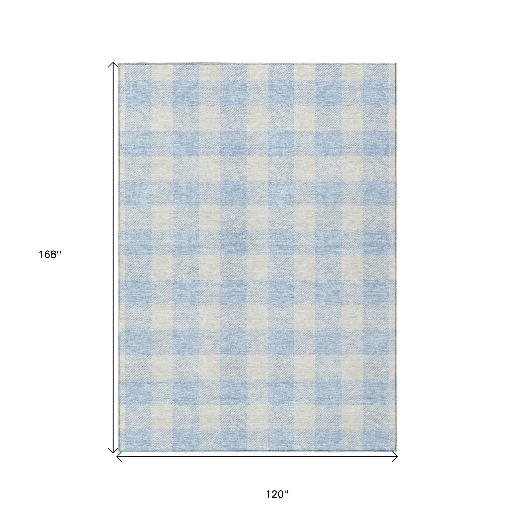 10' X 14' Sky Blue And Gray Plaid Washable Indoor Outdoor Area Rug