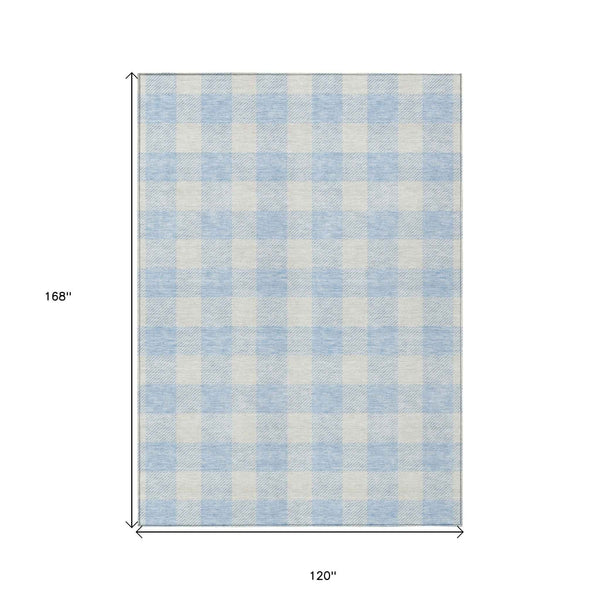 10' X 14' Sky Blue And Gray Plaid Washable Indoor Outdoor Area Rug