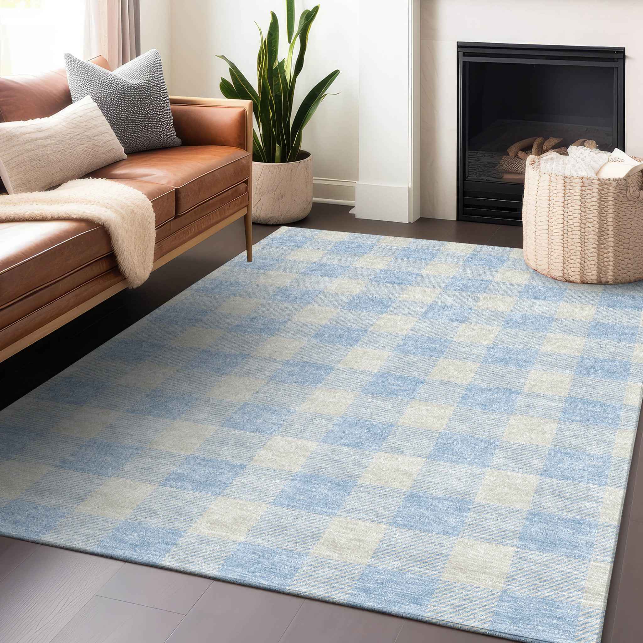 10' X 14' Sky Blue And Gray Plaid Washable Indoor Outdoor Area Rug