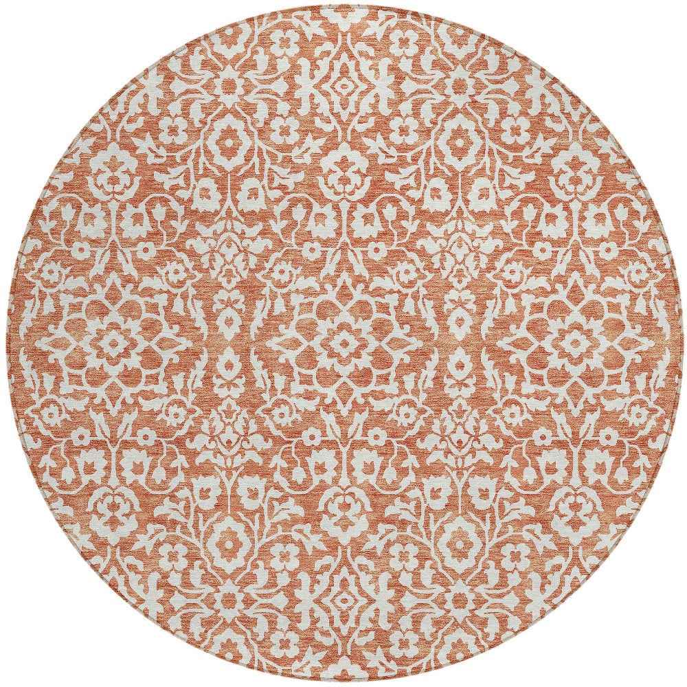 8' Coral And Ivory Round Damask Washable Indoor Outdoor Area Rug