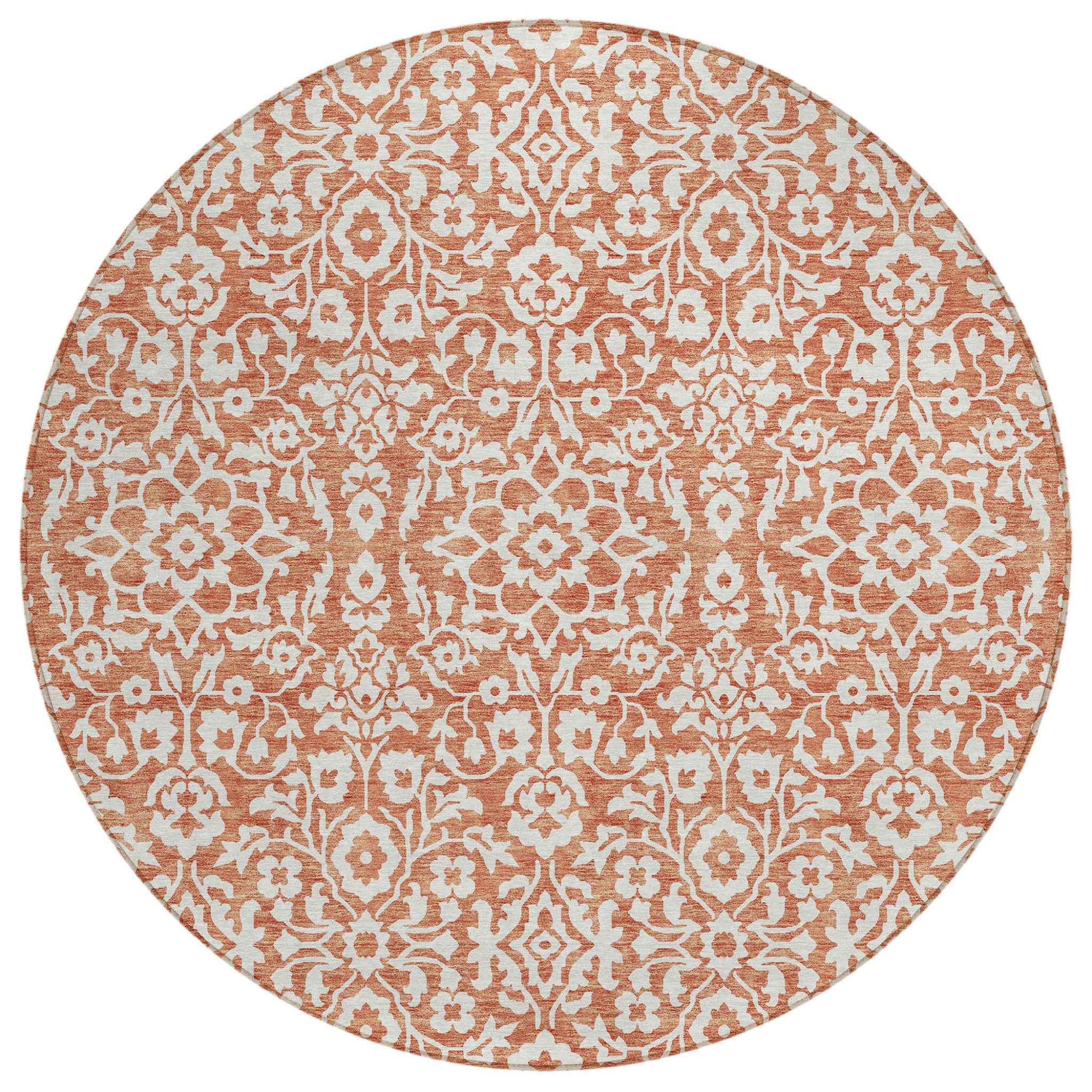 8' Coral And Ivory Round Damask Washable Indoor Outdoor Area Rug