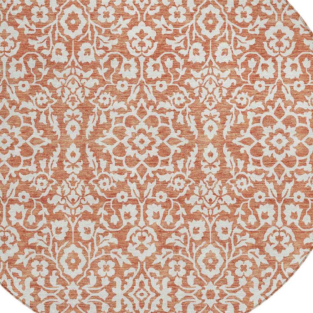 8' Coral And Ivory Round Damask Washable Indoor Outdoor Area Rug