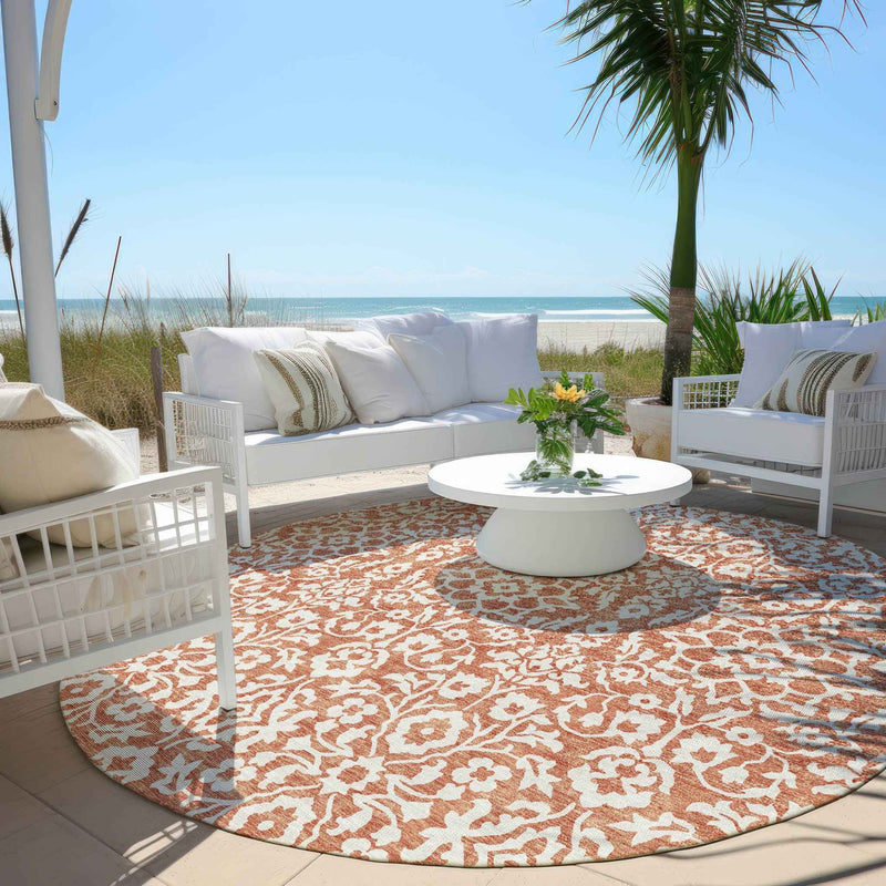 8' Coral And Ivory Round Damask Washable Indoor Outdoor Area Rug