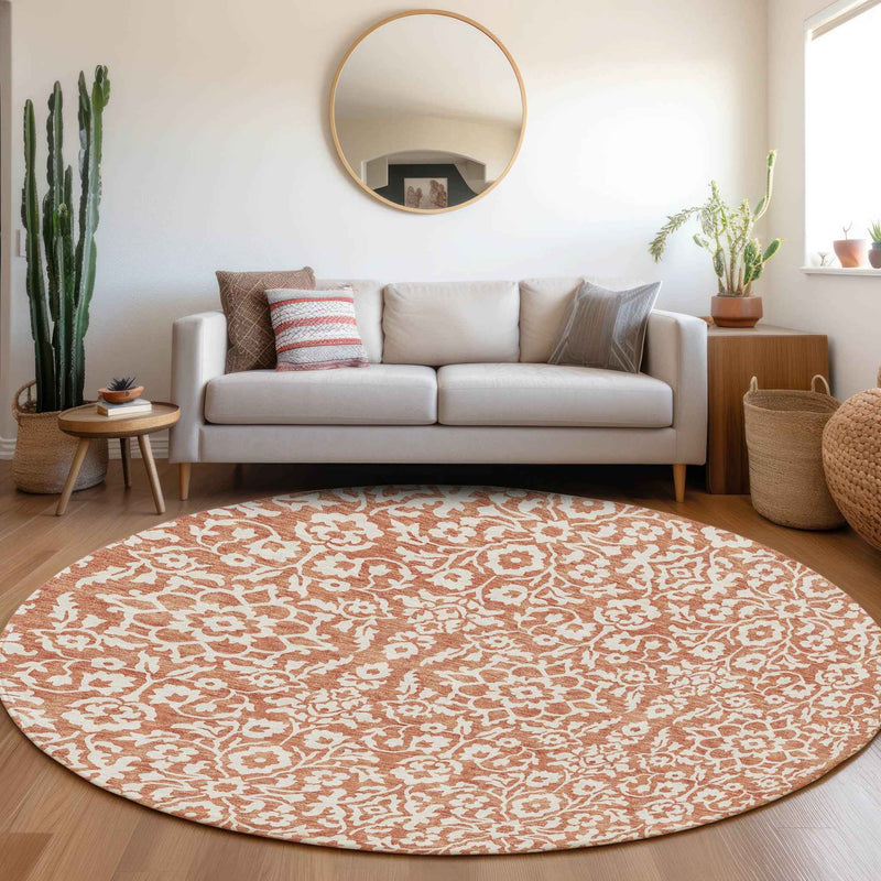 8' Coral And Ivory Round Damask Washable Indoor Outdoor Area Rug