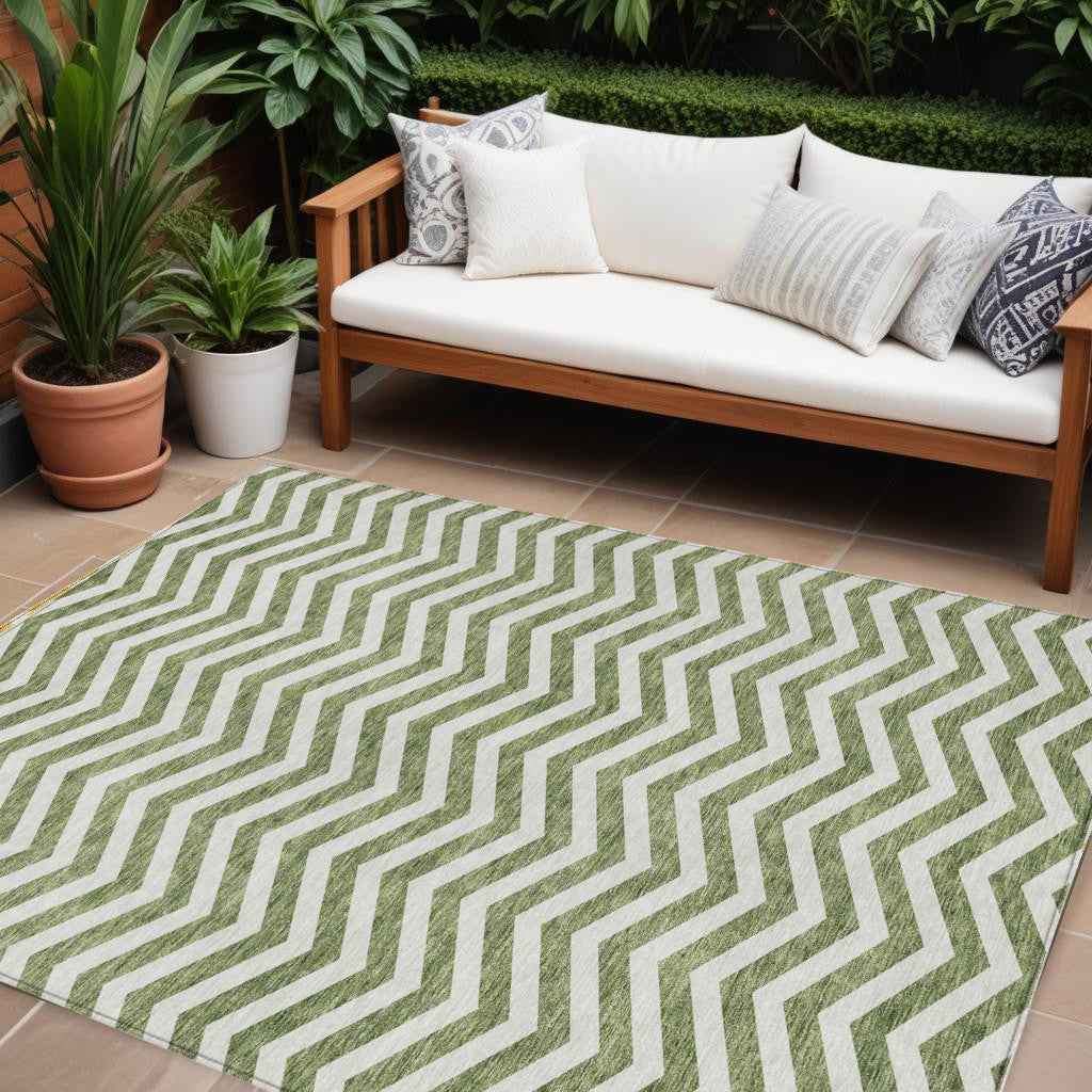 8' X 10' Green And Ivory Chevron Washable Indoor Outdoor Area Rug