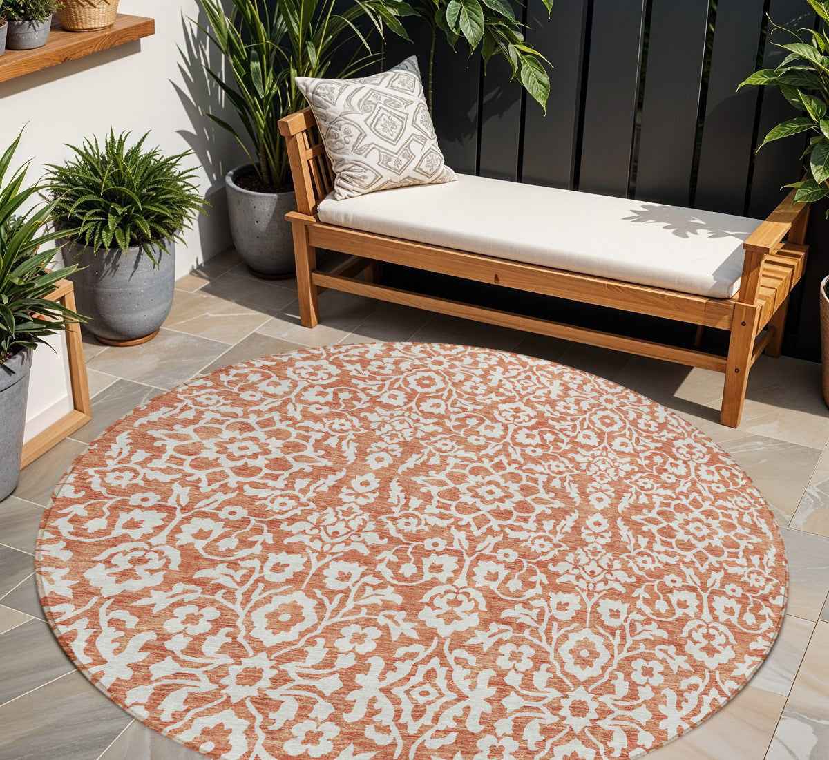 8' Coral And Ivory Round Damask Washable Indoor Outdoor Area Rug