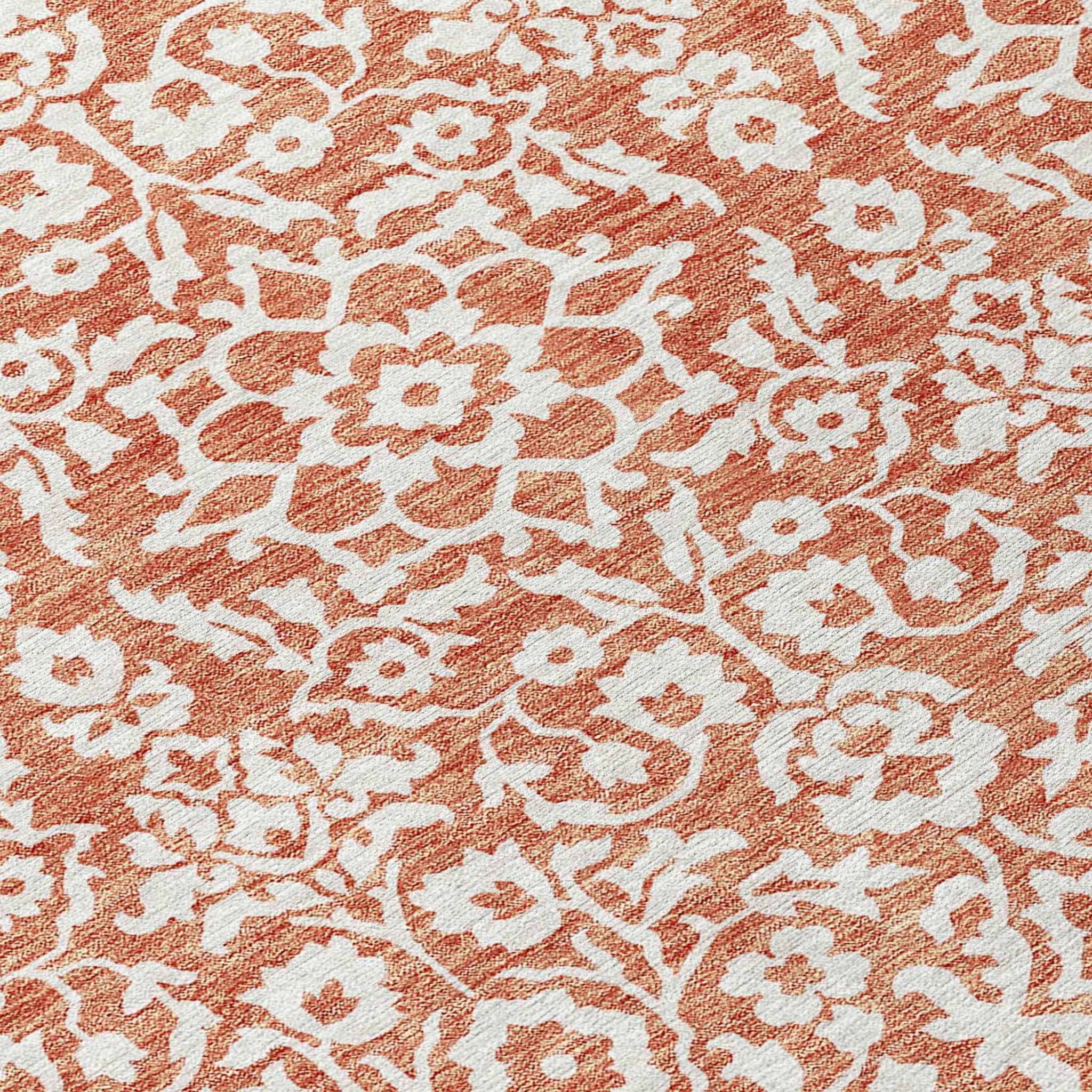 8' Coral And Ivory Round Damask Washable Indoor Outdoor Area Rug