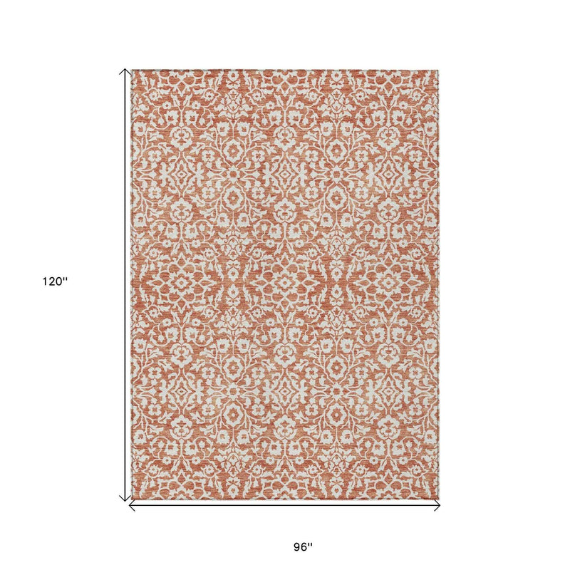 8' X 10' Coral And Ivory Damask Washable Indoor Outdoor Area Rug