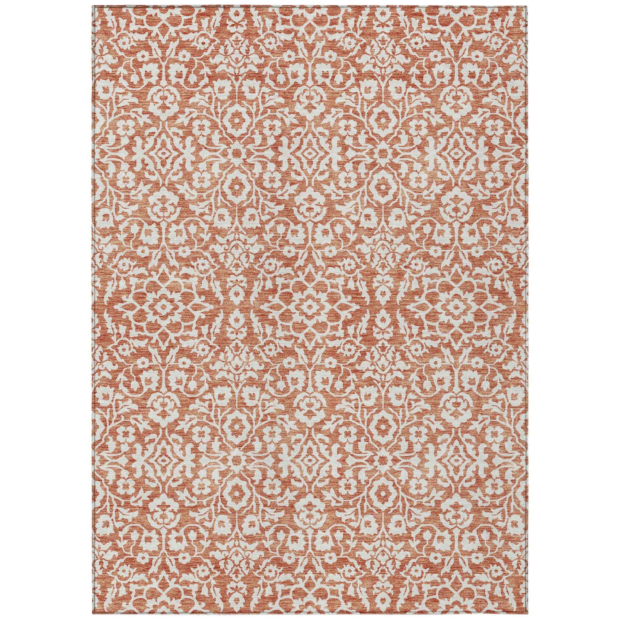 8' X 10' Coral And Ivory Damask Washable Indoor Outdoor Area Rug