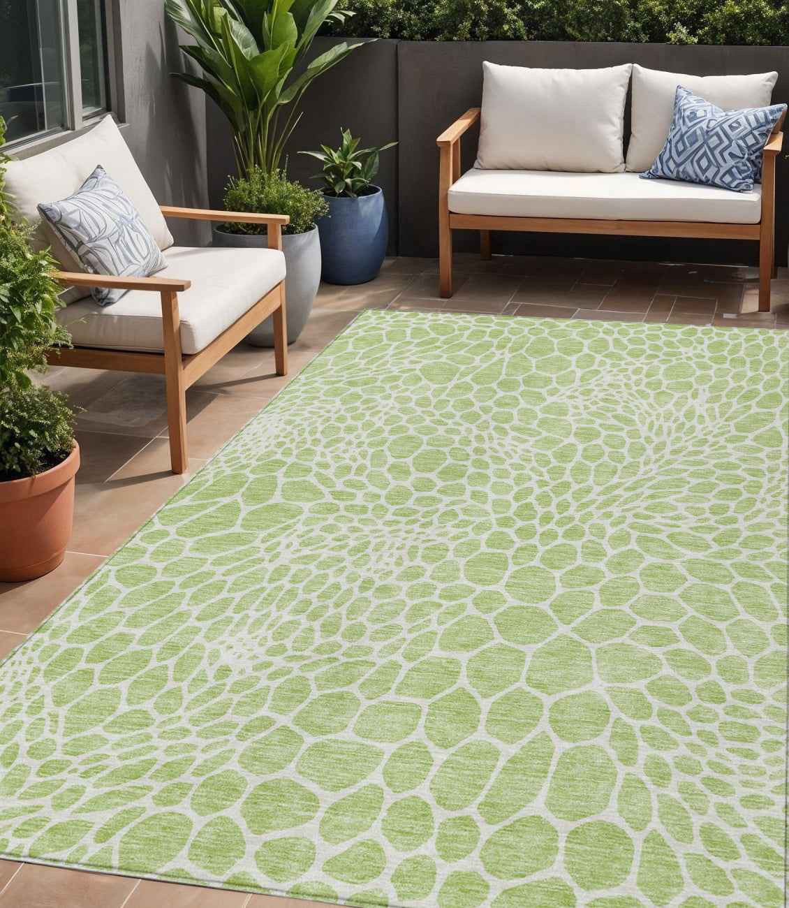 5' X 8' Artichoke Green And Ivory Geometric Washable Indoor Outdoor Area Rug