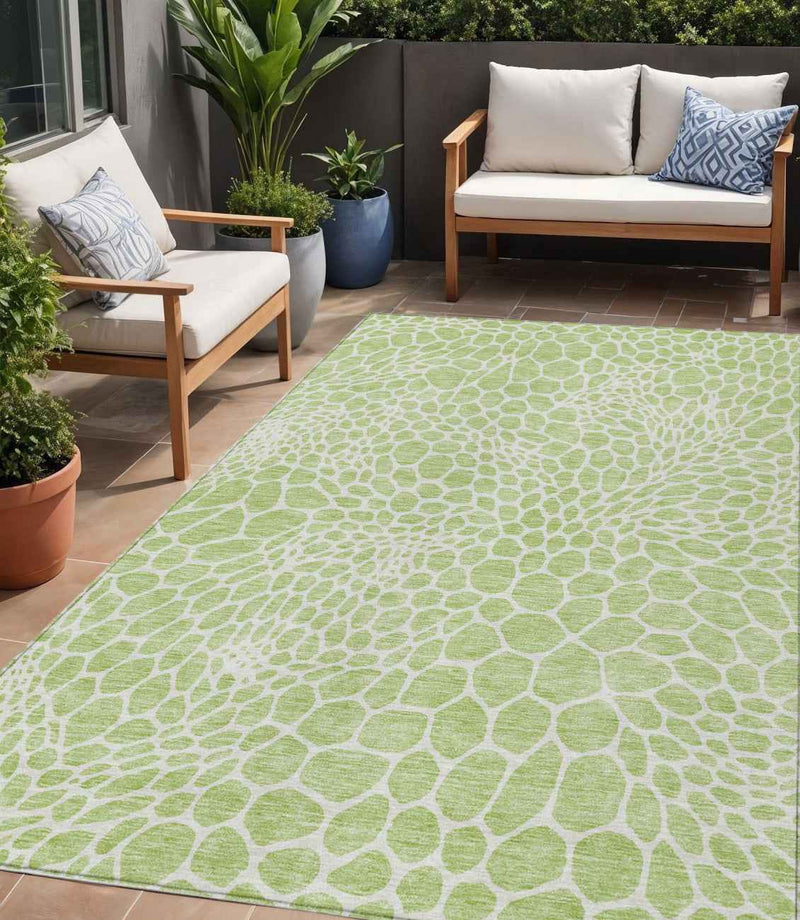 5' X 8' Artichoke Green And Ivory Geometric Washable Indoor Outdoor Area Rug