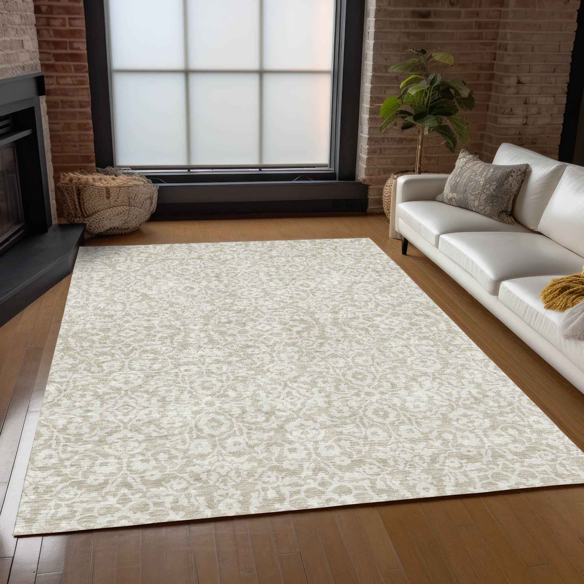 5' X 8' Beige And Ivory Damask Washable Indoor Outdoor Area Rug