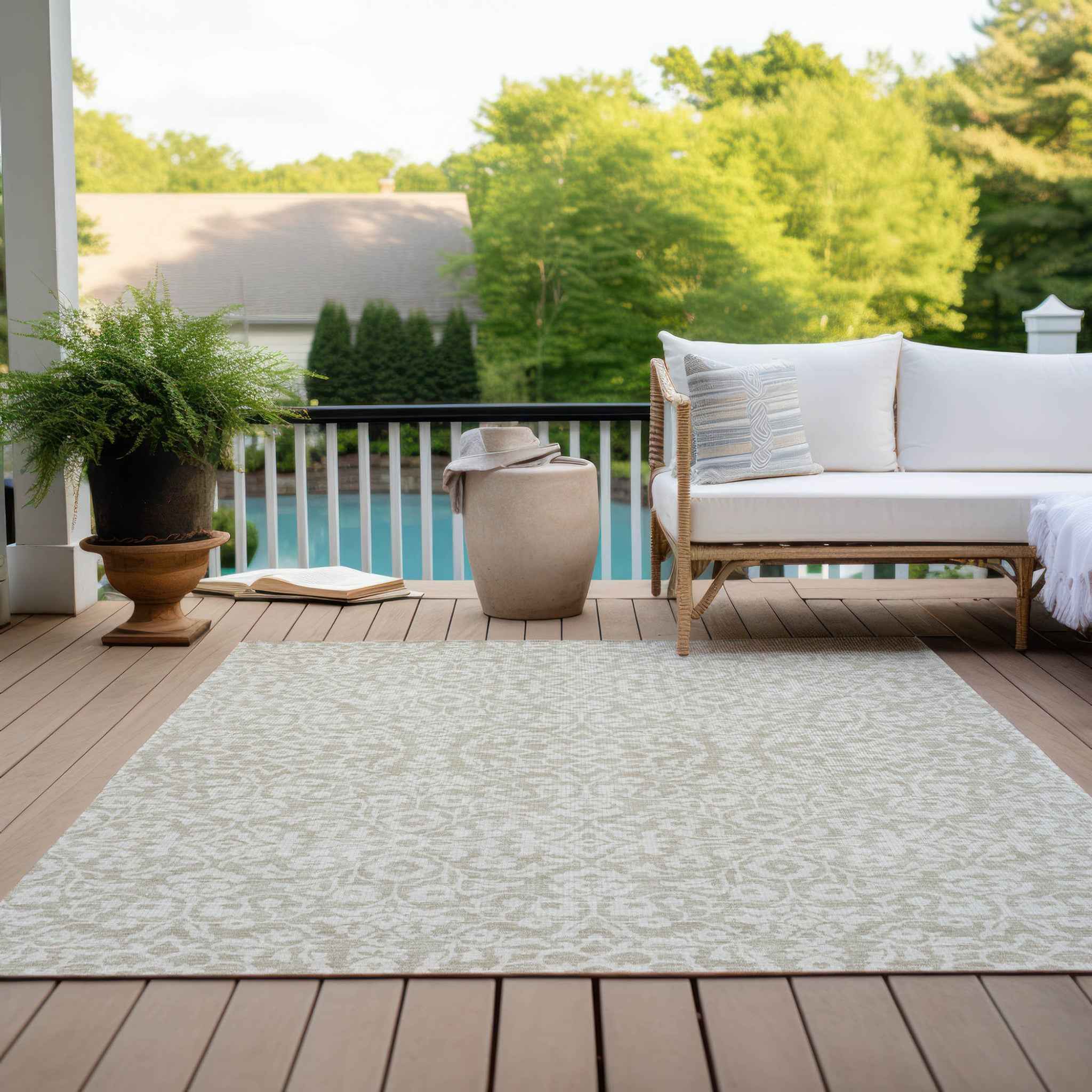 5' X 8' Beige And Ivory Damask Washable Indoor Outdoor Area Rug