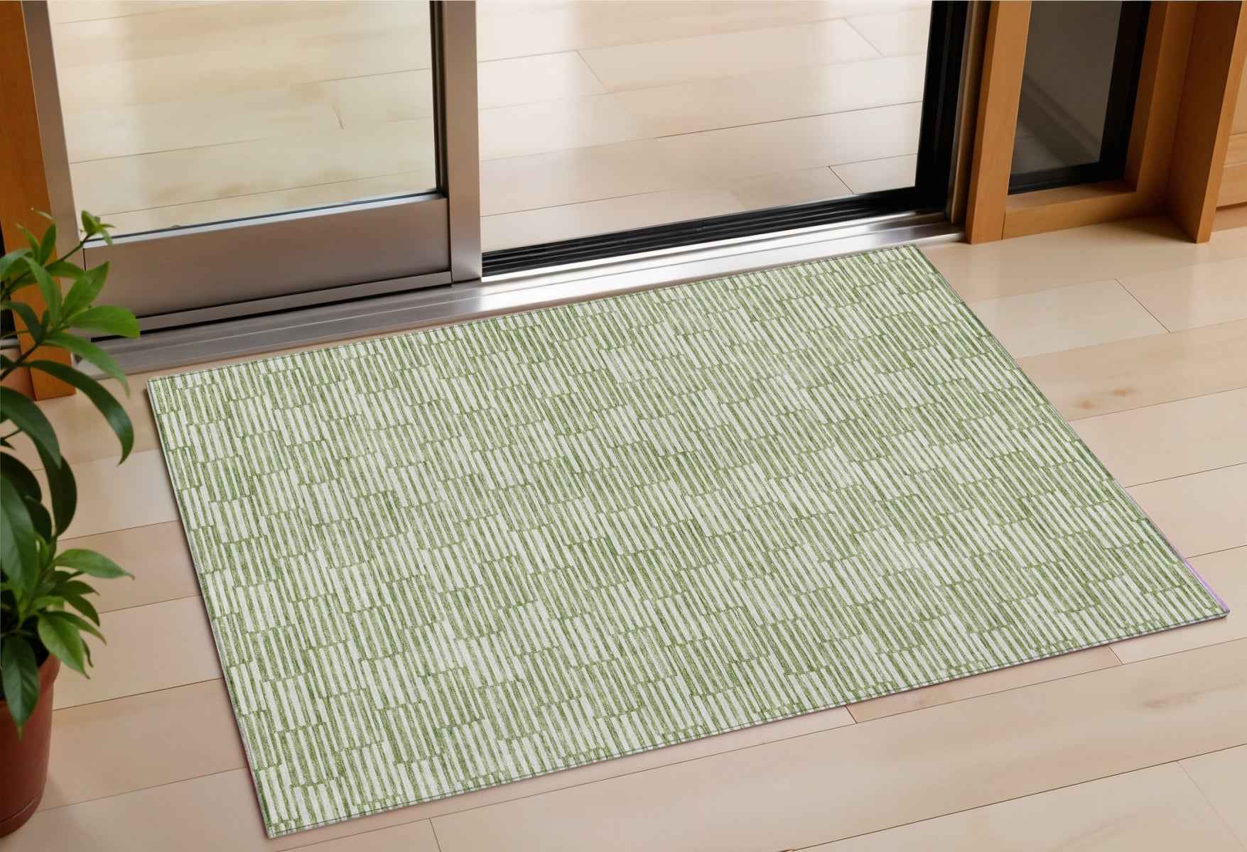 3' X 5' Green And Ivory Geometric Washable Indoor Outdoor Area Rug