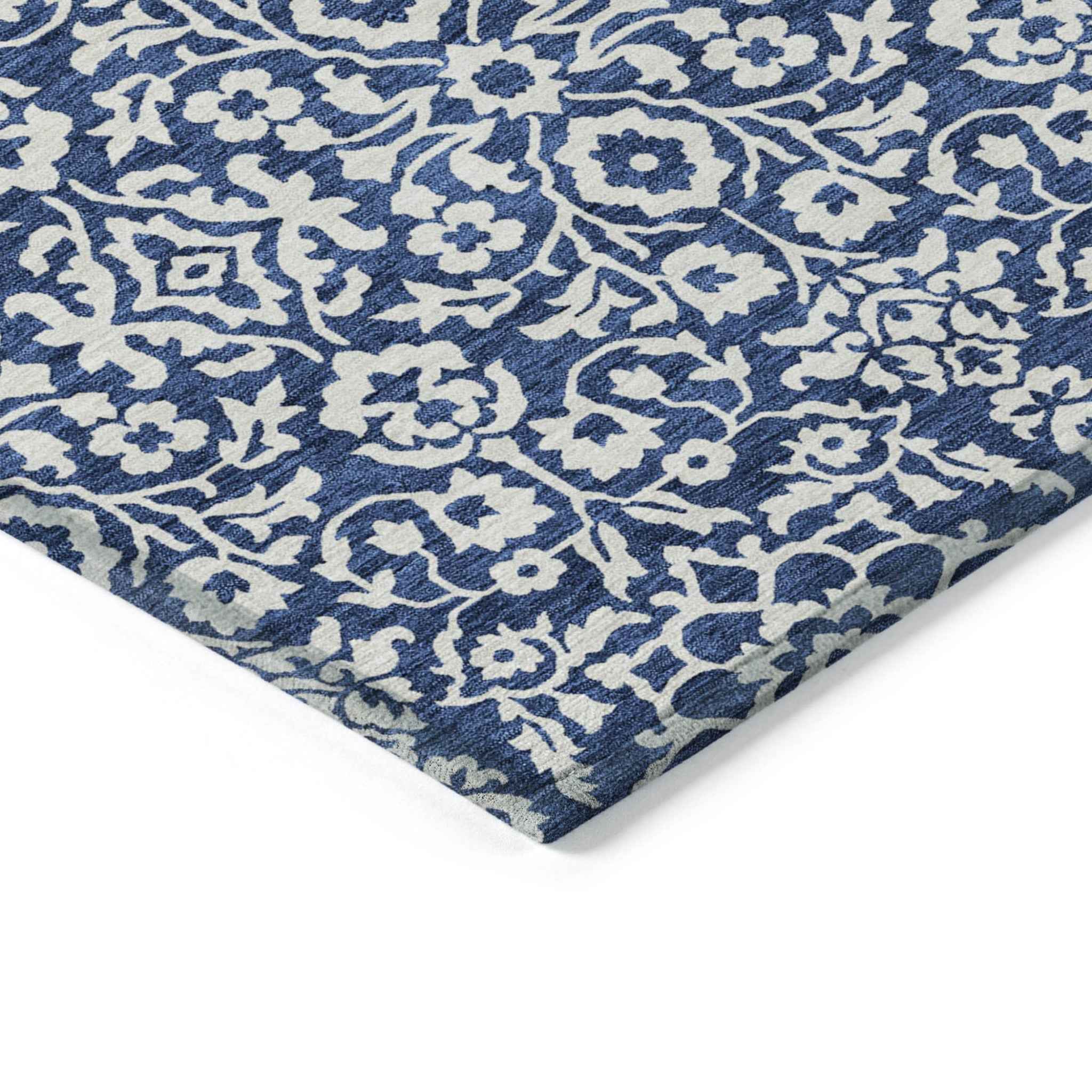 5' X 8' Navy Blue And Ivory Damask Washable Indoor Outdoor Area Rug