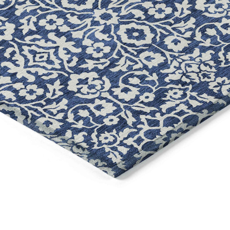 5' X 8' Navy Blue And Ivory Damask Washable Indoor Outdoor Area Rug