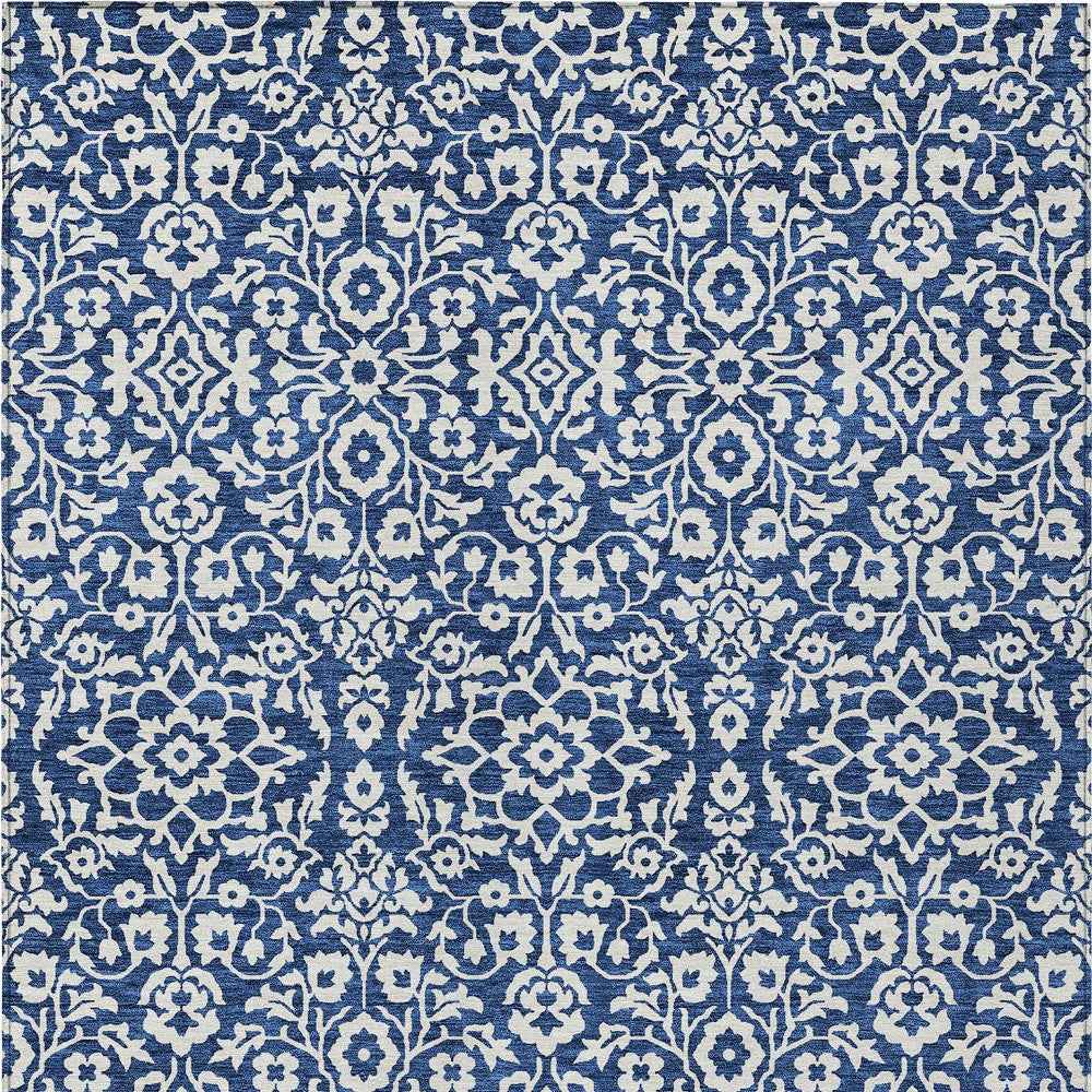 5' X 8' Navy Blue And Ivory Damask Washable Indoor Outdoor Area Rug