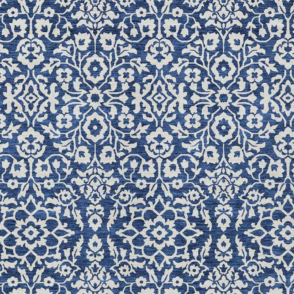 5' X 8' Navy Blue And Ivory Damask Washable Indoor Outdoor Area Rug
