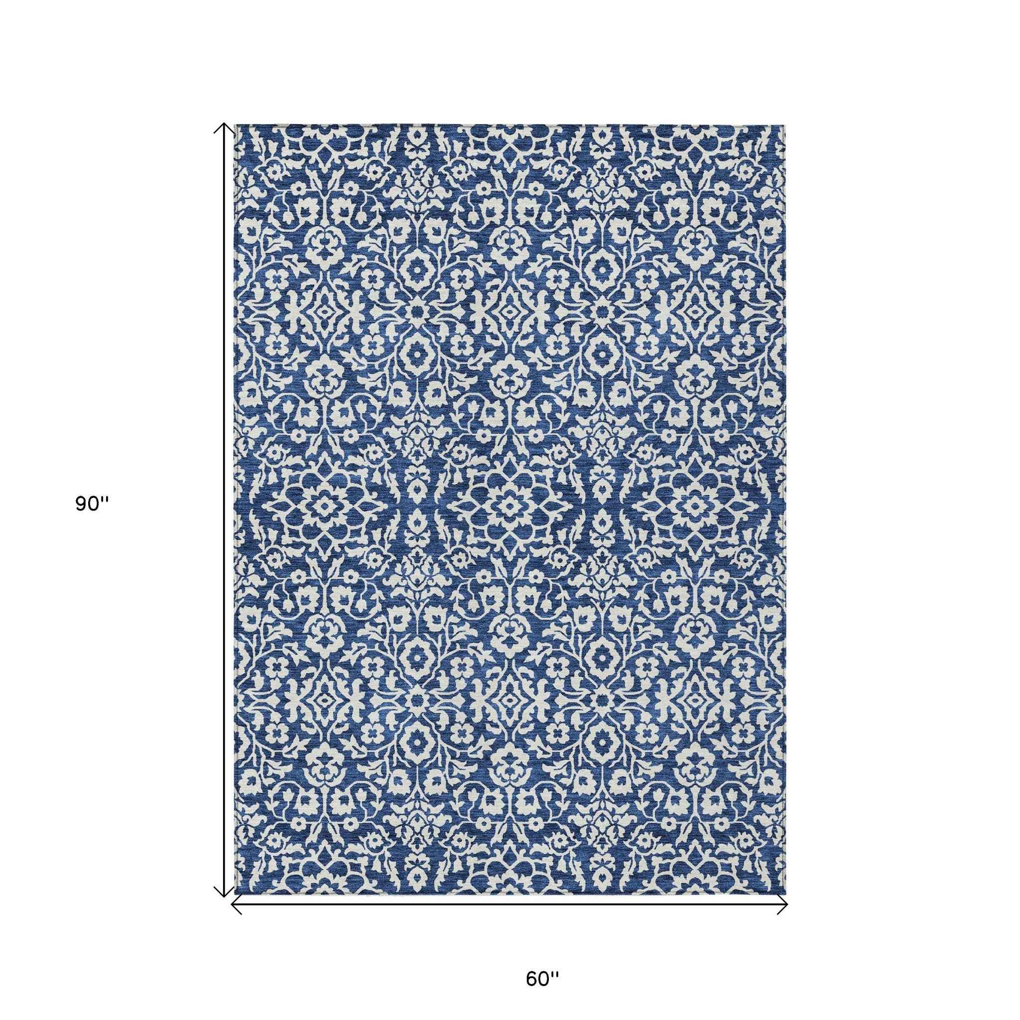 5' X 8' Navy Blue And Ivory Damask Washable Indoor Outdoor Area Rug