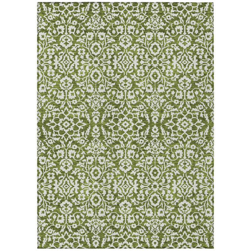 3' X 5' Olive Green And Ivory Damask Washable Indoor Outdoor Area Rug