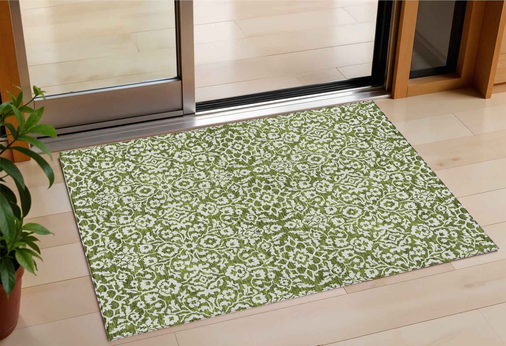3' X 5' Olive Green And Ivory Damask Washable Indoor Outdoor Area Rug