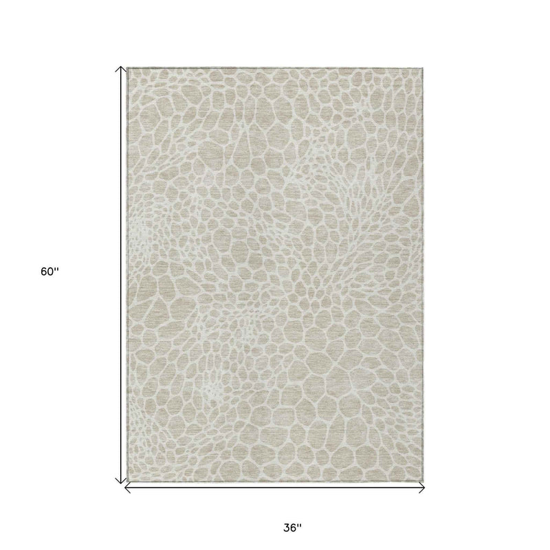 3' X 5' Beige And Ivory Geometric Washable Indoor Outdoor Area Rug