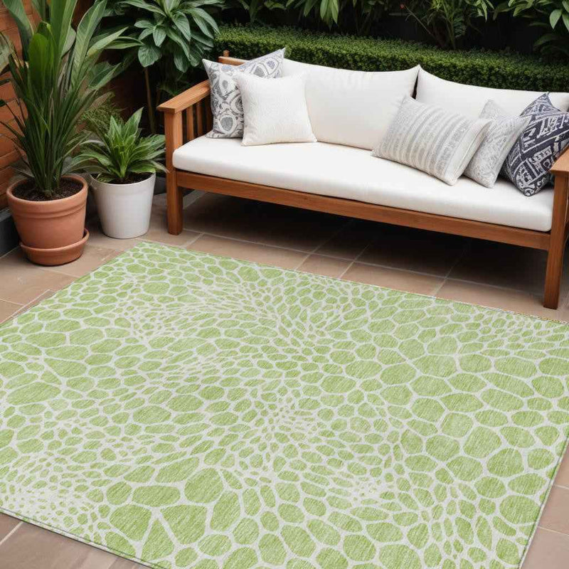 8' X 10' Artichoke Green And Ivory Geometric Washable Indoor Outdoor Area Rug