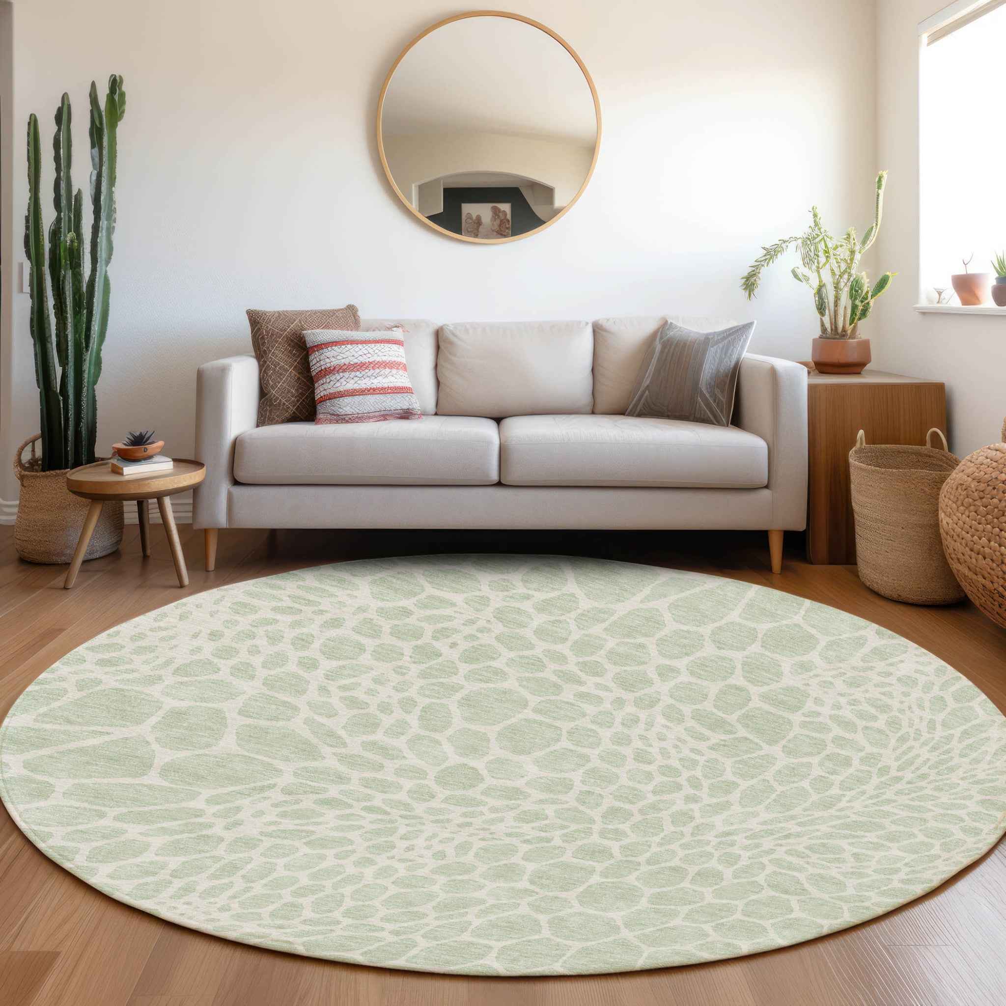 8' Mint Green And Ivory Round Geometric Washable Indoor Outdoor Area Rug