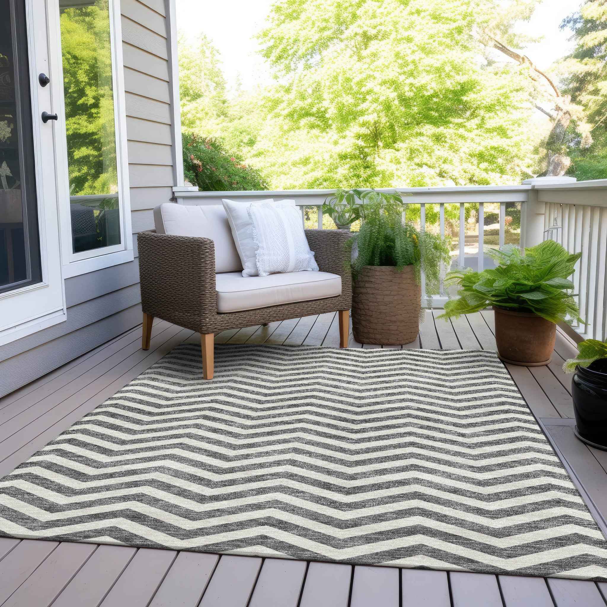 9' X 12' Gray And Ivory Chevron Washable Indoor Outdoor Area Rug