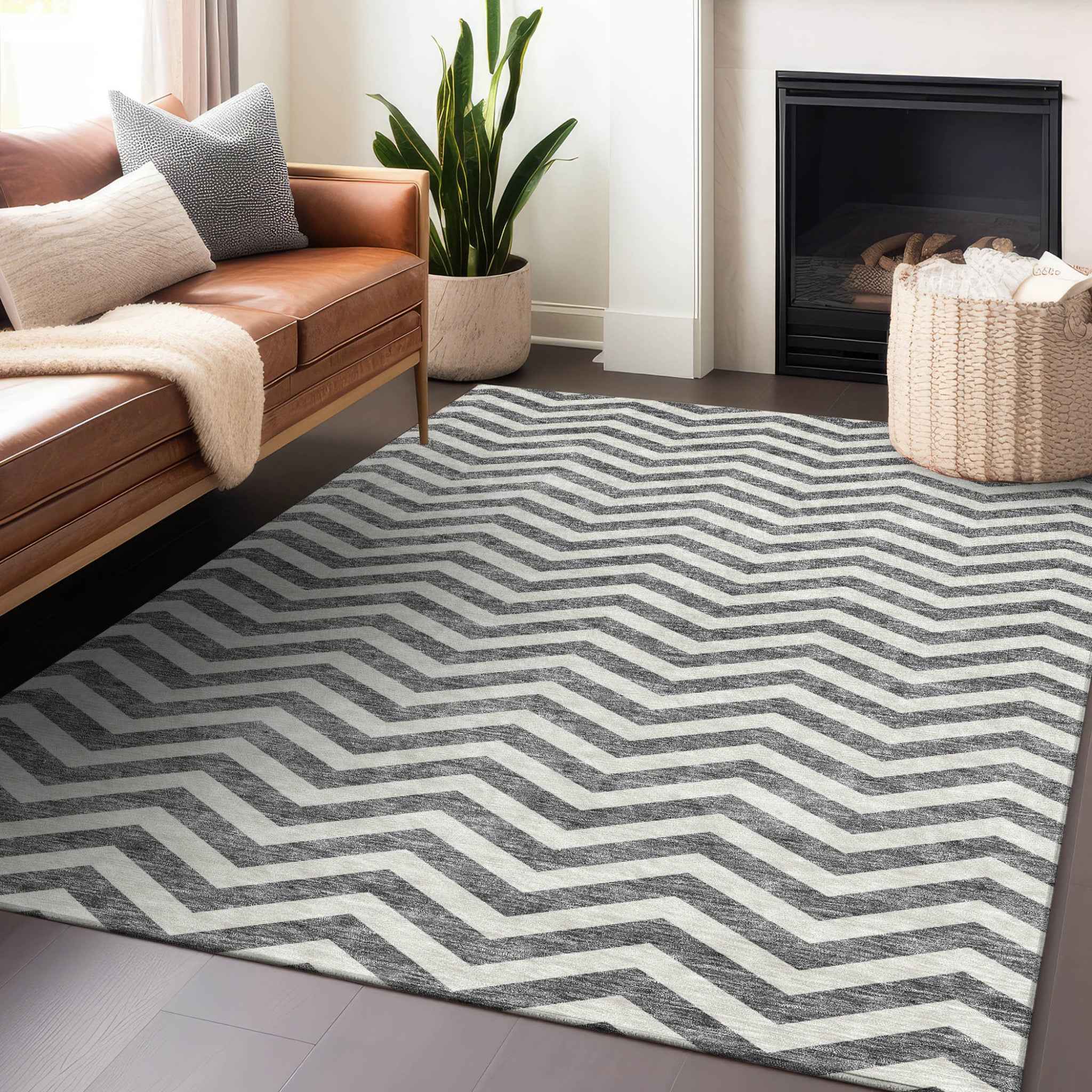 9' X 12' Gray And Ivory Chevron Washable Indoor Outdoor Area Rug