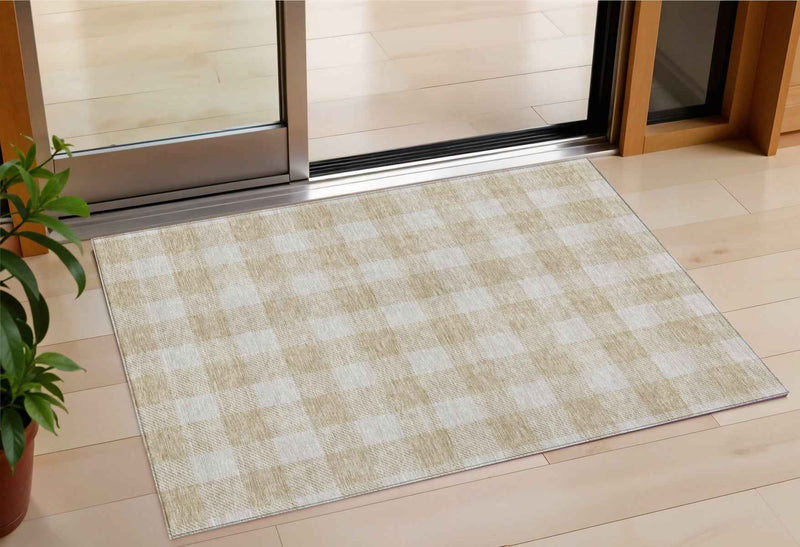 3' X 5' Beige And Gray Plaid Washable Indoor Outdoor Area Rug