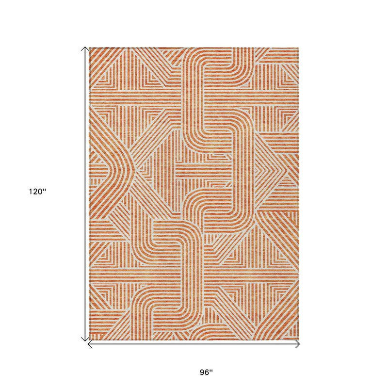 8' X 10' Orange And Ivory Abstract Washable Indoor Outdoor Area Rug