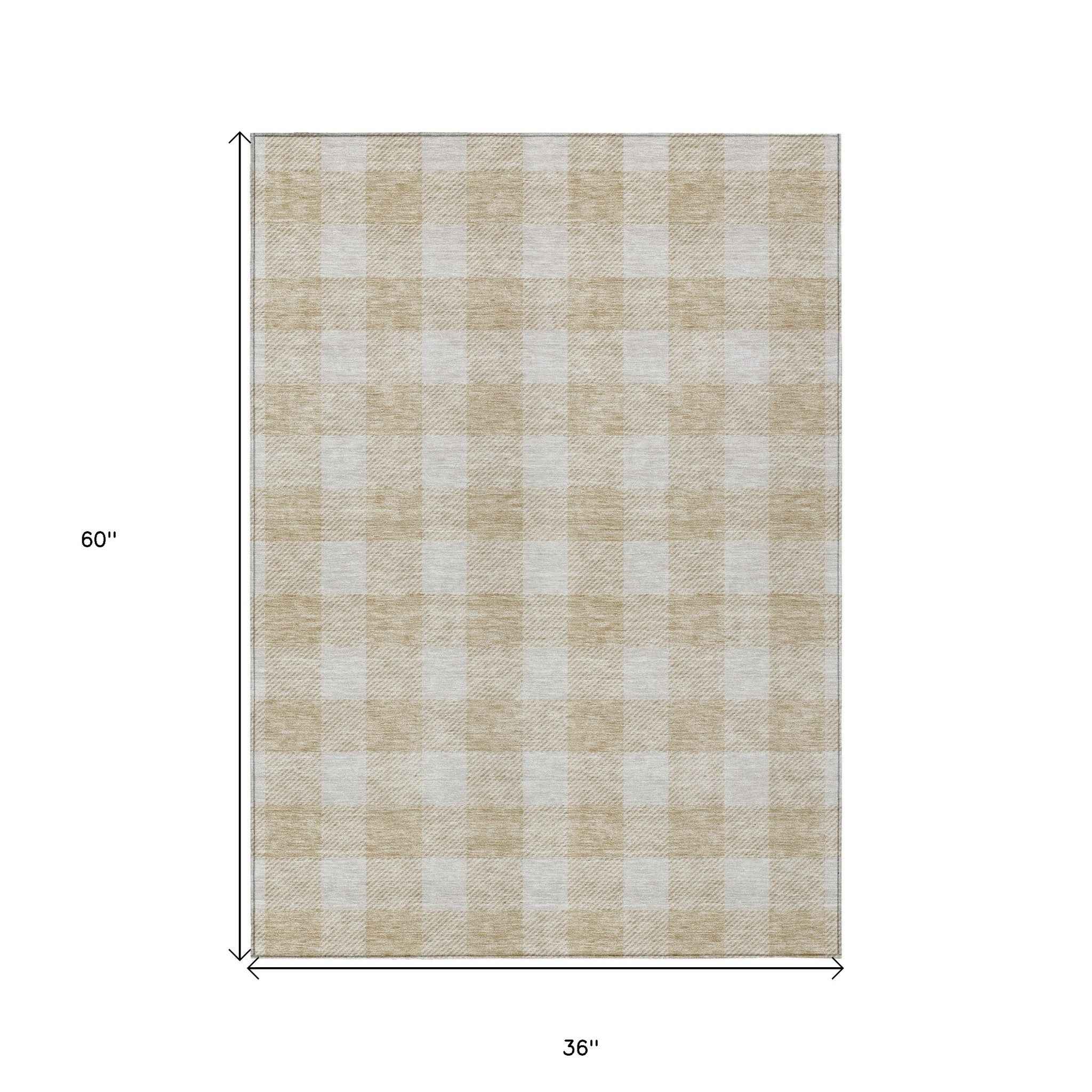 3' X 5' Beige And Gray Plaid Washable Indoor Outdoor Area Rug