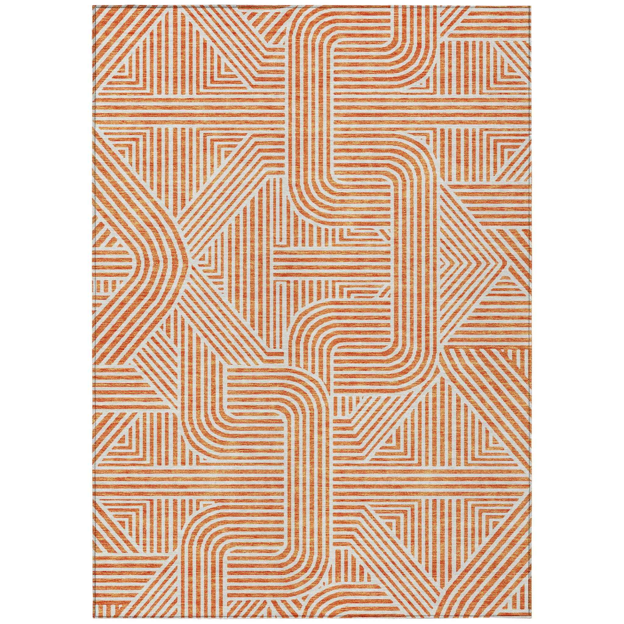 8' X 10' Orange And Ivory Abstract Washable Indoor Outdoor Area Rug