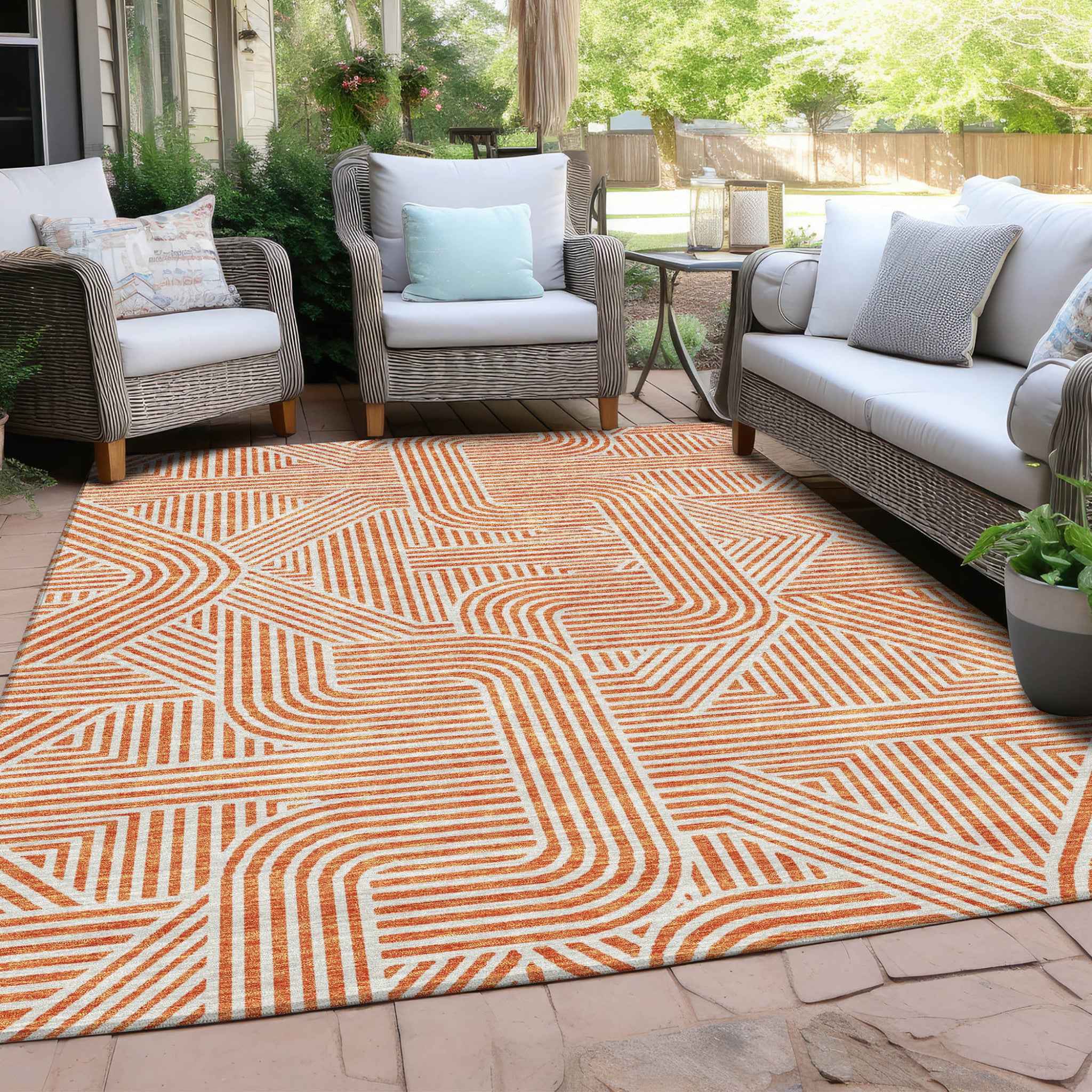 8' X 10' Orange And Ivory Abstract Washable Indoor Outdoor Area Rug
