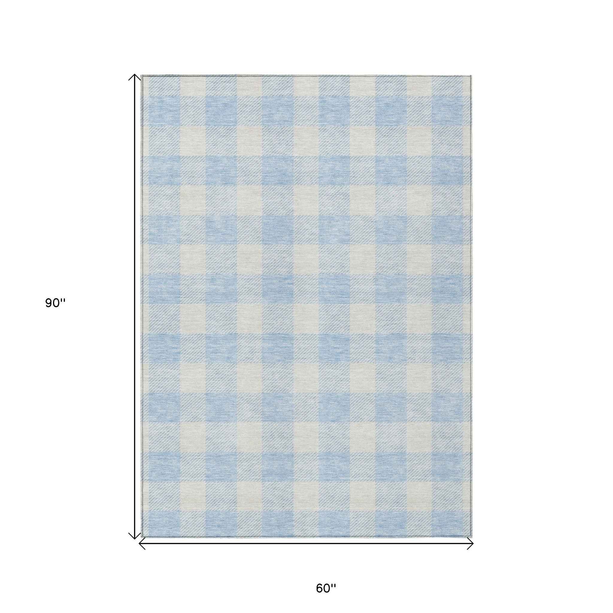 5' X 8' Sky Blue And Gray Plaid Washable Indoor Outdoor Area Rug