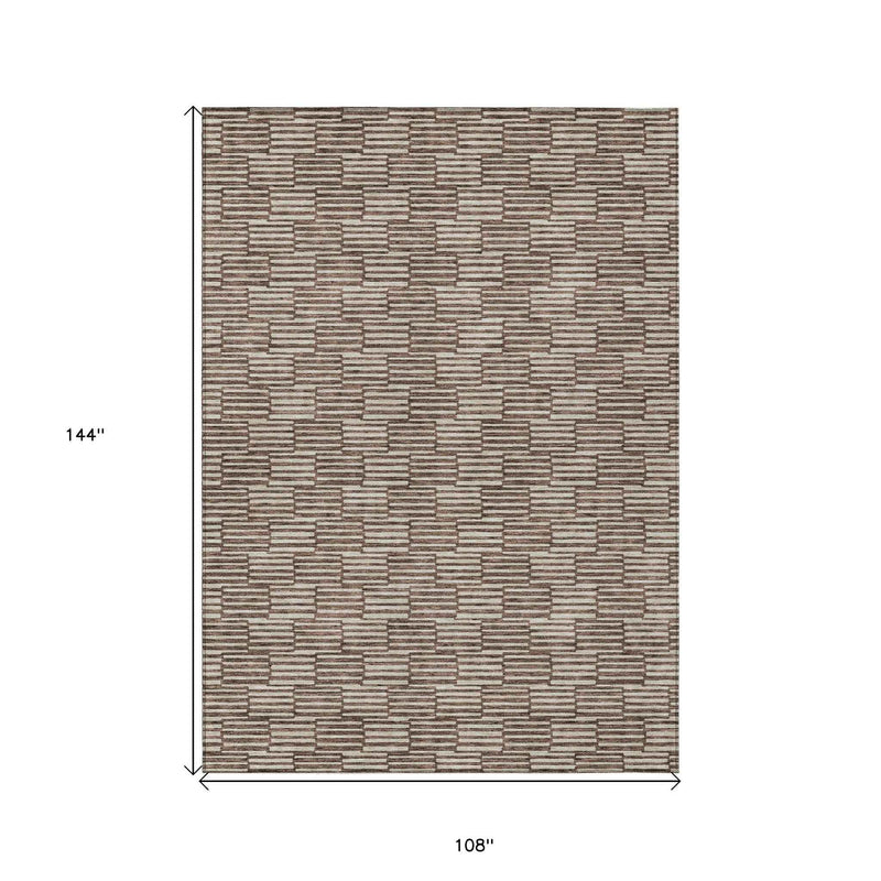 9' X 12' Brown And Beige Geometric Washable Indoor Outdoor Area Rug