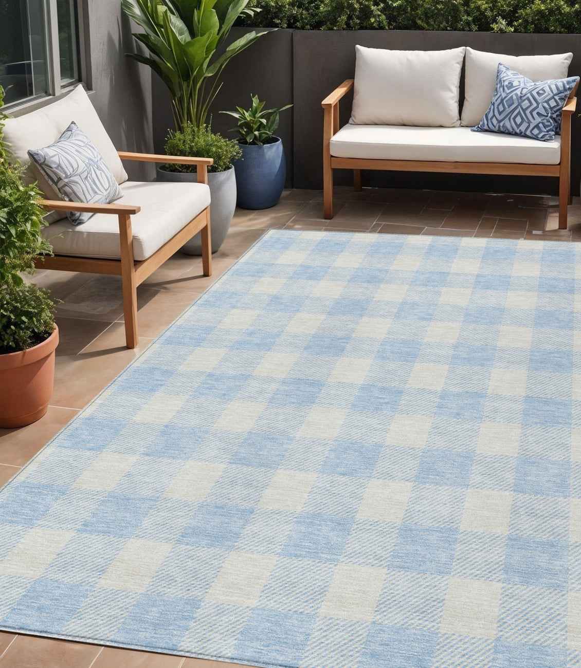 5' X 8' Sky Blue And Gray Plaid Washable Indoor Outdoor Area Rug