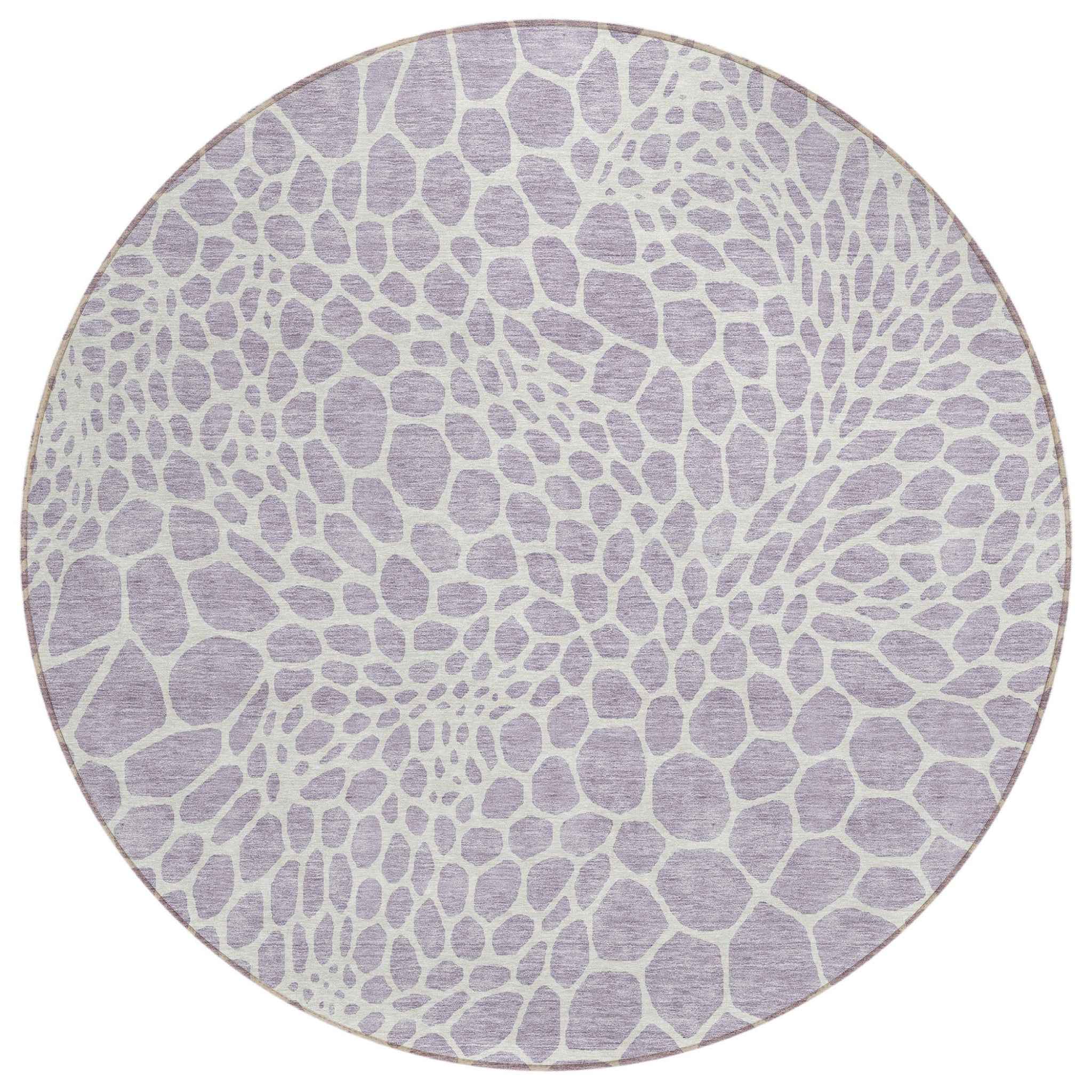 8' Lilac And Ivory Round Geometric Washable Indoor Outdoor Area Rug
