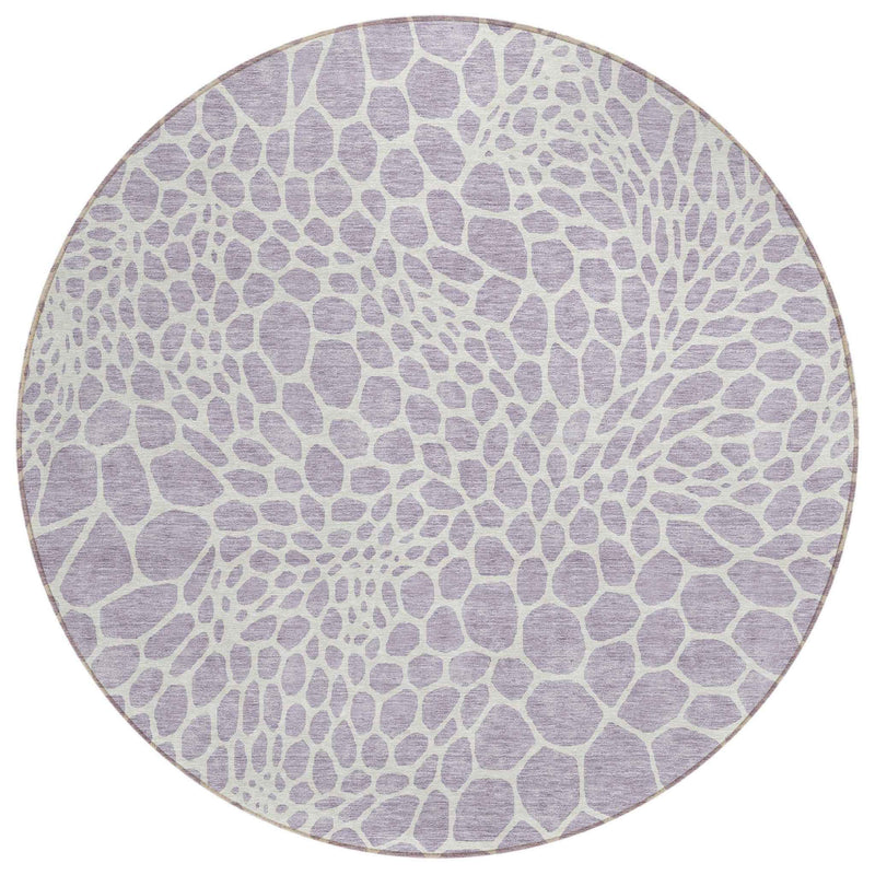8' Lilac And Ivory Round Geometric Washable Indoor Outdoor Area Rug