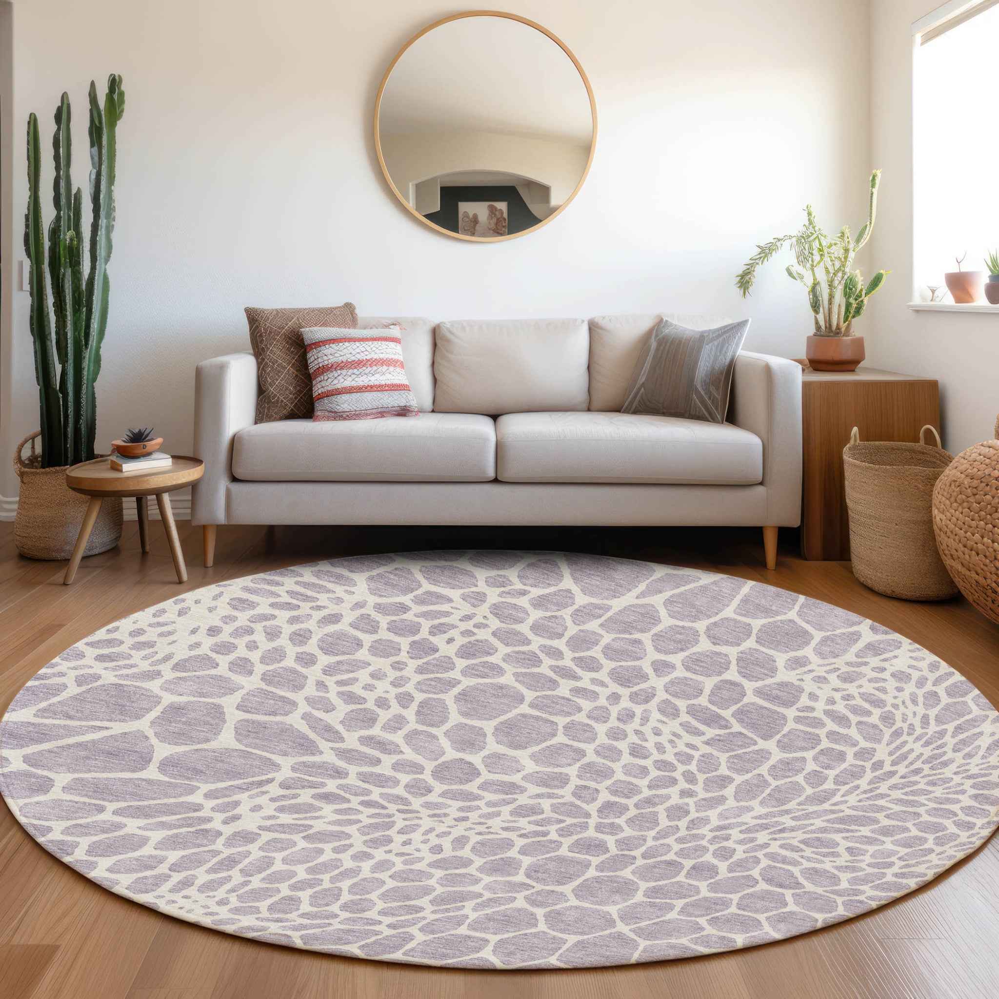 8' Lilac And Ivory Round Geometric Washable Indoor Outdoor Area Rug