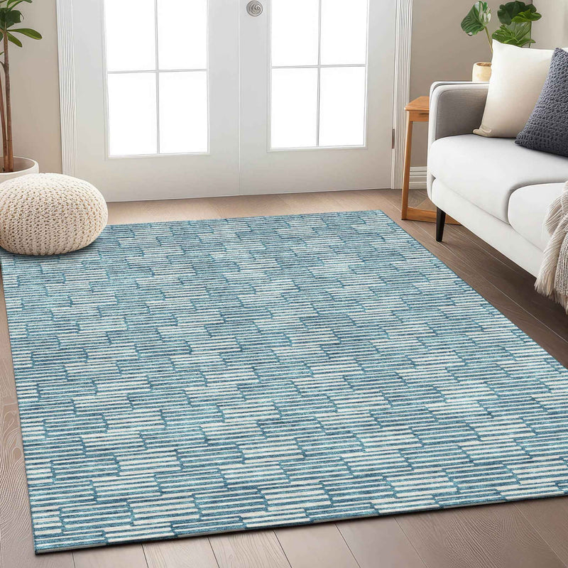 9' X 12' Teal Blue And Ivory Geometric Washable Indoor Outdoor Area Rug