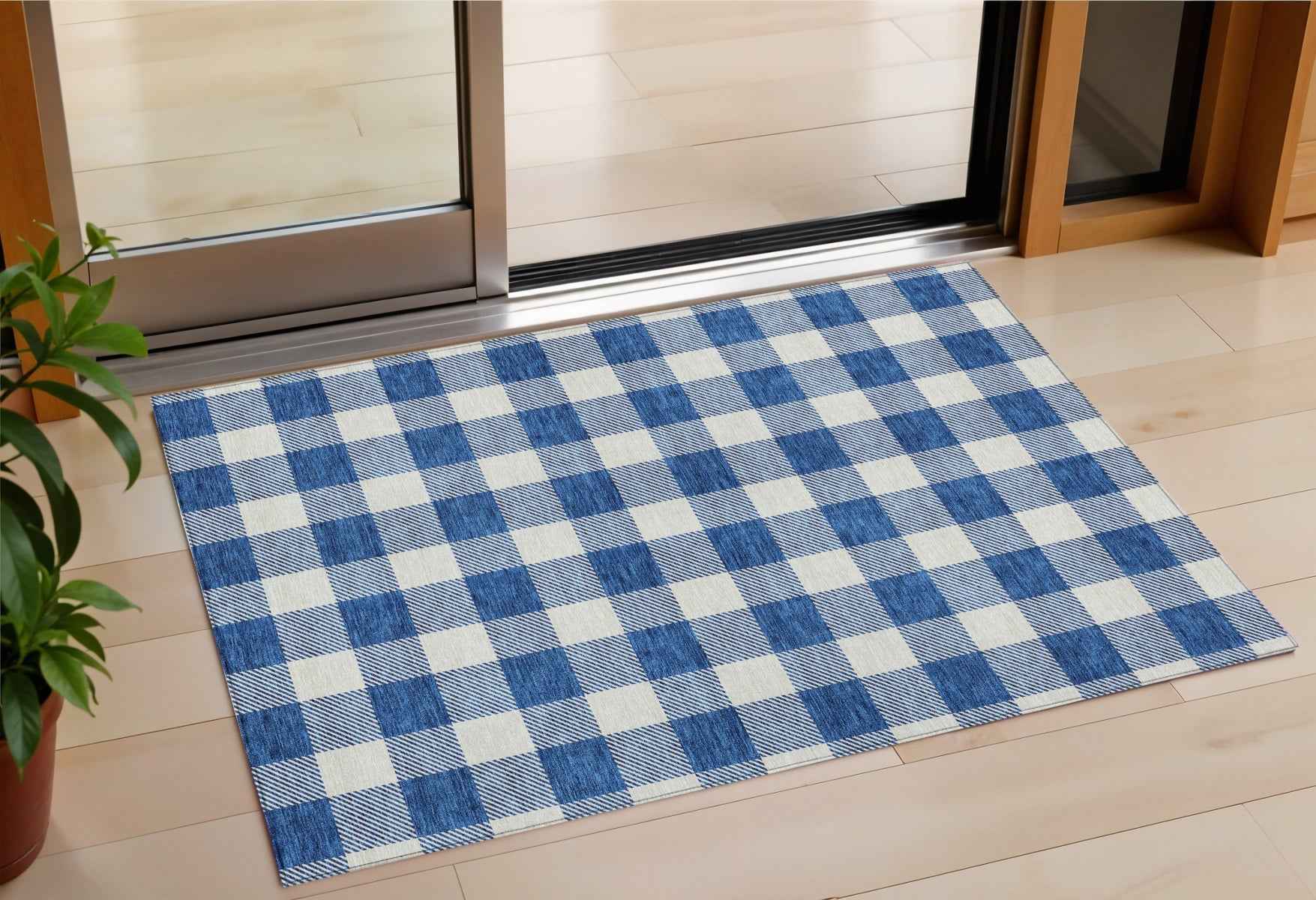 3' X 5' Navy Blue And Gray Plaid Washable Indoor Outdoor Area Rug